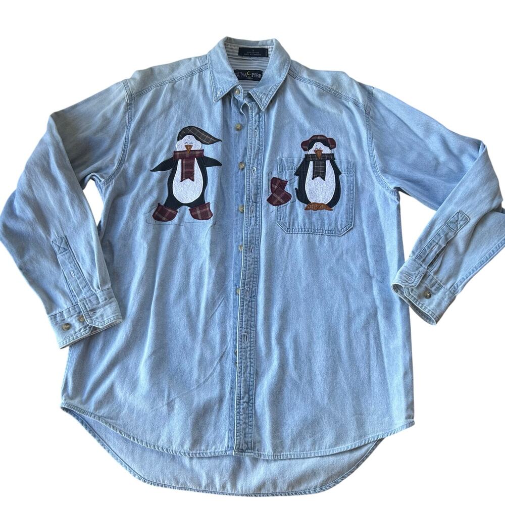 Vintage Denim Button Up Long Sleeve Top Penguin Details Women's Size S Cotton